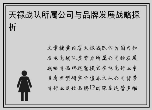 天禄战队所属公司与品牌发展战略探析